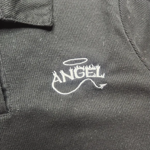 Faded Rose Angel Y2K Black Long Sleeve Crop Polo Shirt - Picture 2 of 9
